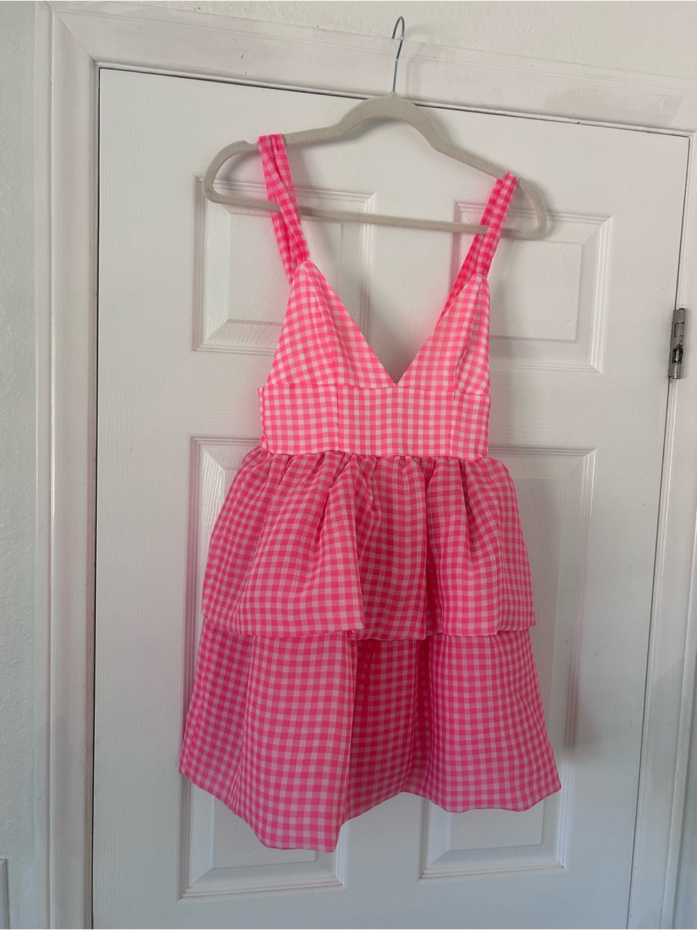 NBD Pink Gingham Tiered V-Neck Sundress